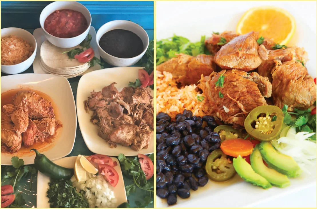 Two photographs of meat dishes with tortillas, salsa, rice, beans, and vegetables